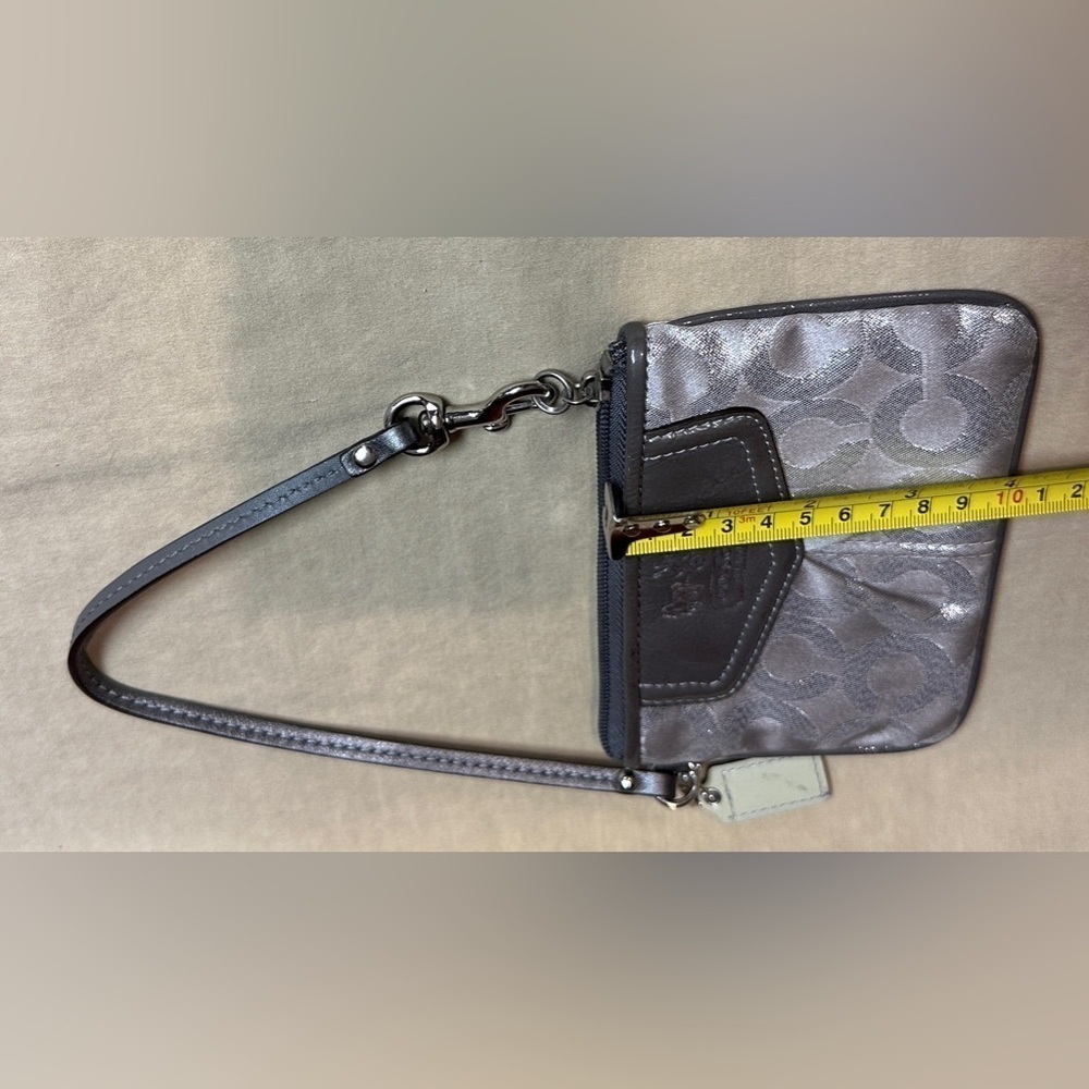 Coach Gray & Silver Metallic Wristlet Signature Canvas Logo Design 4”x6” - Picture 3 of 8